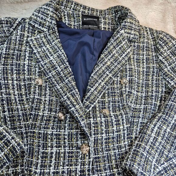 BloomChic Elegant Tweed Blazer with Gold Buttons Blue/White Metallic Gold 18-20 - Picture 6 of 11